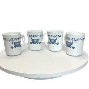 Corning Ware Corelle Blue Hearts Pattern Coffee Mugs Set of 4, Made in USA